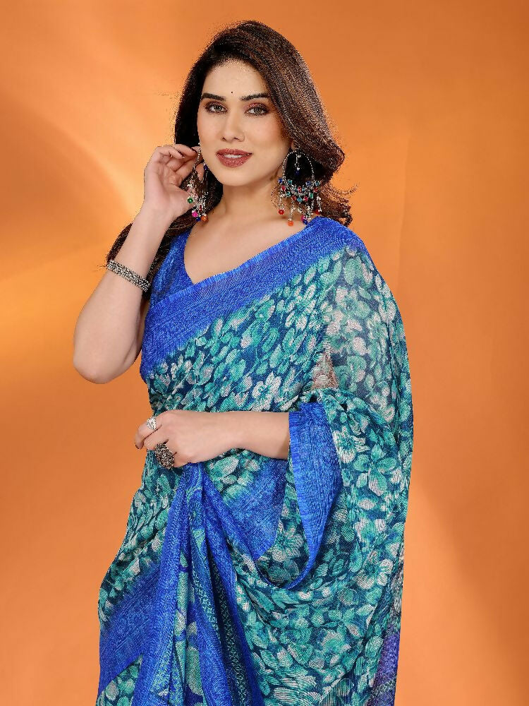 PR Fashion Blue Kota Doria Printed Saree | Grocsy