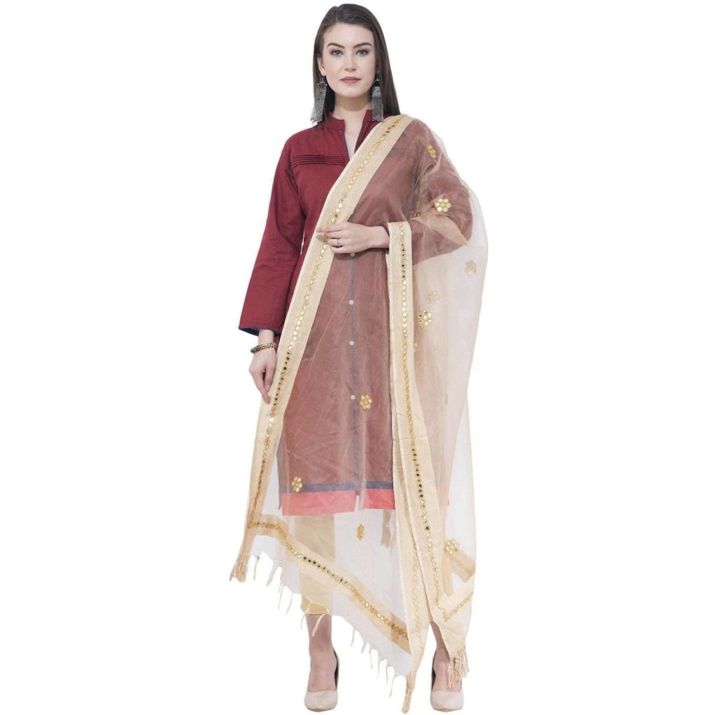 A R Silk Light Golden Color Flower Mirror Orgenza Cotton Dupattas and Chunnis | Grocsy