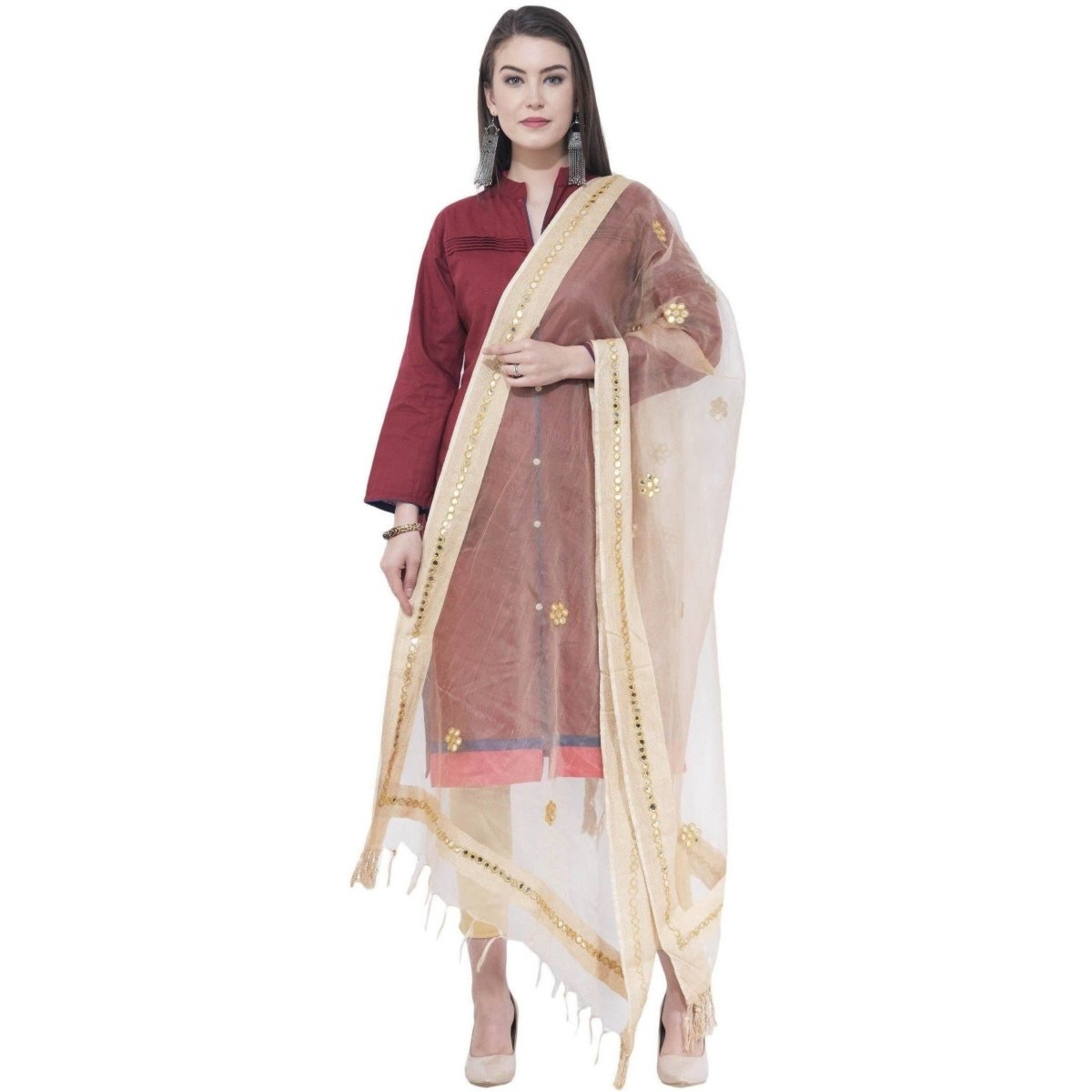 A R Silk Light Golden Color Flower Mirror Orgenza Cotton Dupattas and Chunnis | Grocsy