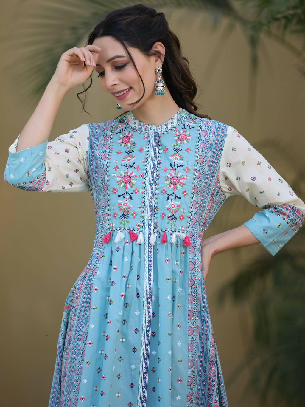 Juniper Women's Skyblue Cambric Printed Flared Dress | Grocsy