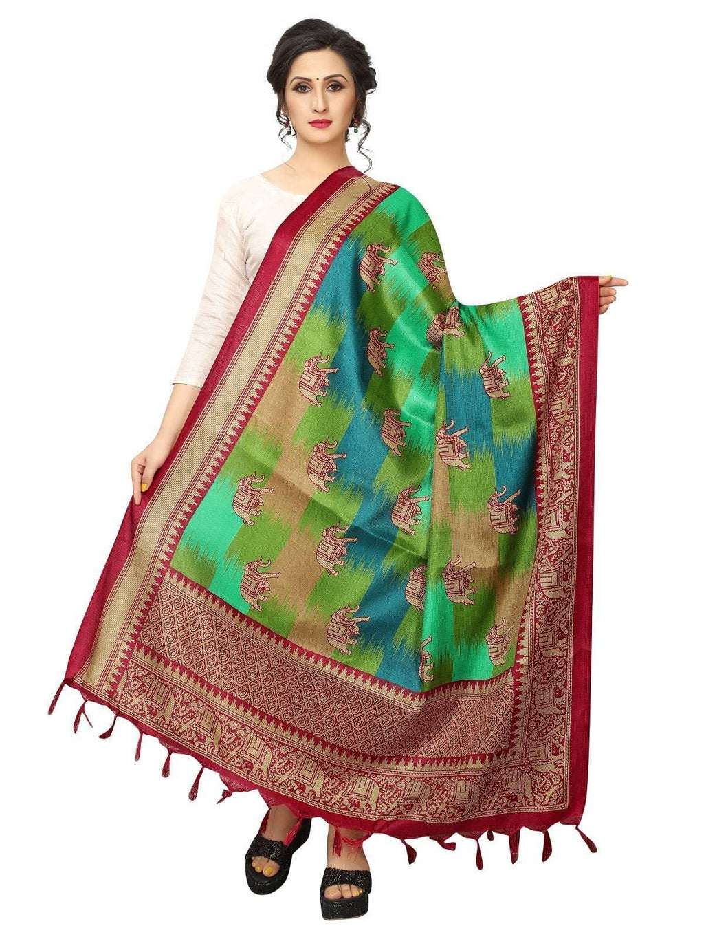 Vamika Red and Peacock Green Printed Khadi Bhagalpuri Dupatta | Grocsy