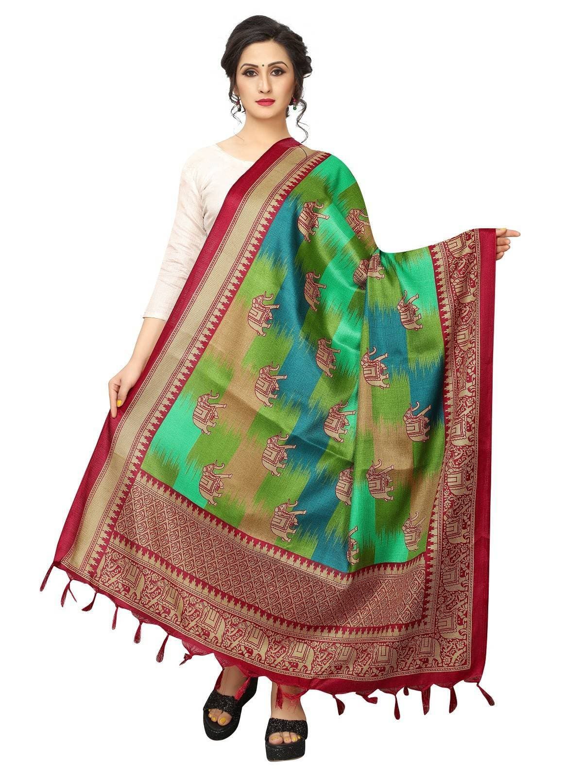 Vamika Red and Peacock Green Printed Khadi Bhagalpuri Dupatta | Grocsy