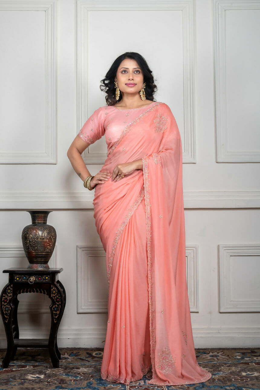 Morchari Peach Chiffon Hand Embroidery Saree And Stitched Blouse | Grocsy