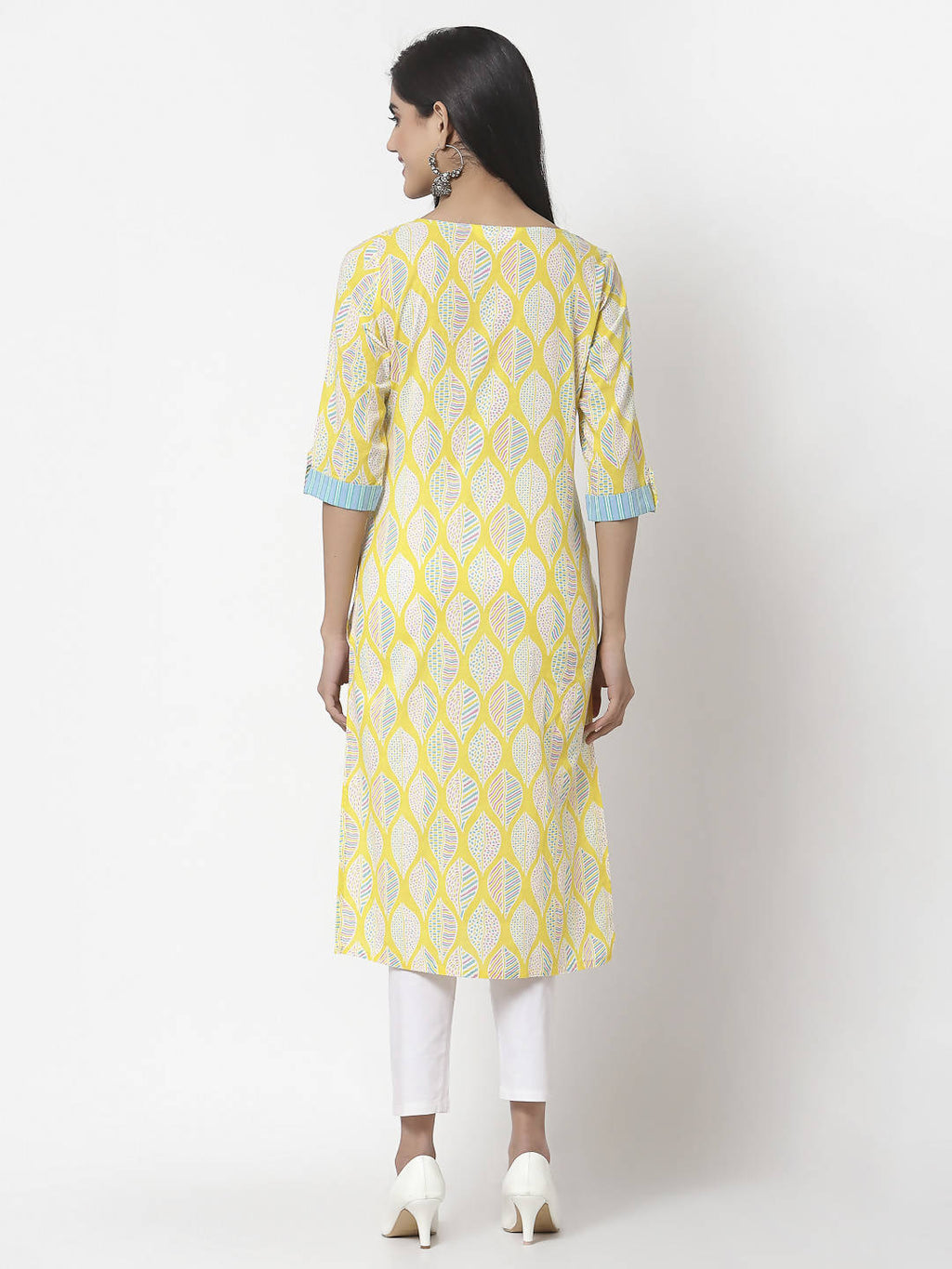 Myshka Women Yellow Cotton Printed 3/4 Sleeve Round Neck Kurta | Grocsy