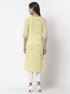 Myshka Women Yellow Cotton Printed 3/4 Sleeve Round Neck Kurta | Grocsy