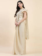 Beige Silk Satin Sequence Work Ready to Wear Saree with stitched Blouse - Nirvana | Grocsy
