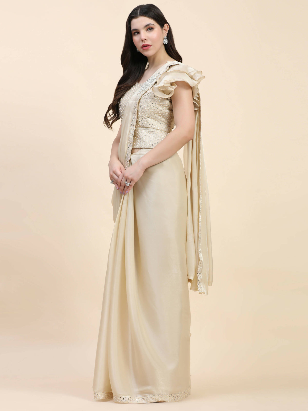Beige Silk Satin Sequence Work Ready to Wear Saree with stitched Blouse - Nirvana | Grocsy