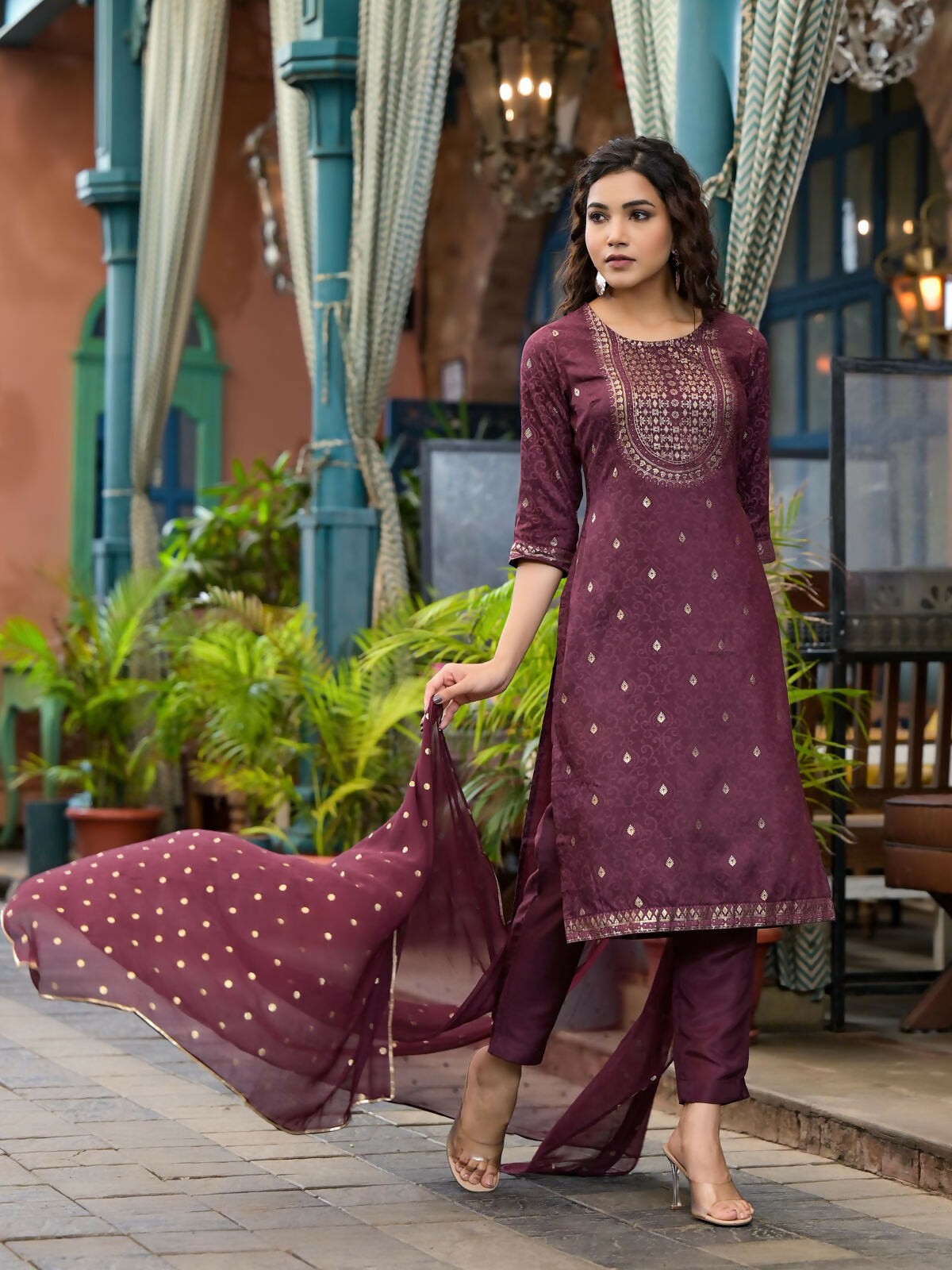 Juniper Women's Wine Ethnic Motif Printed Muslin Kurta Set With Zari Work & Gota Patti | Grocsy