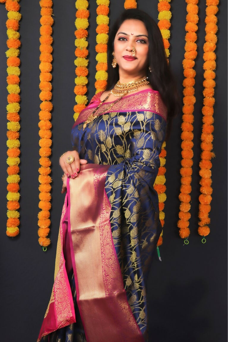 Jyoti Fashion Women's Navy Blue Kanjivaram Silk Zari Woven Saree with Blouse | Grocsy