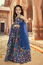 Aayaa Designer Printed Silk Blue Kids Lehenga Choli - Blue | Grocsy