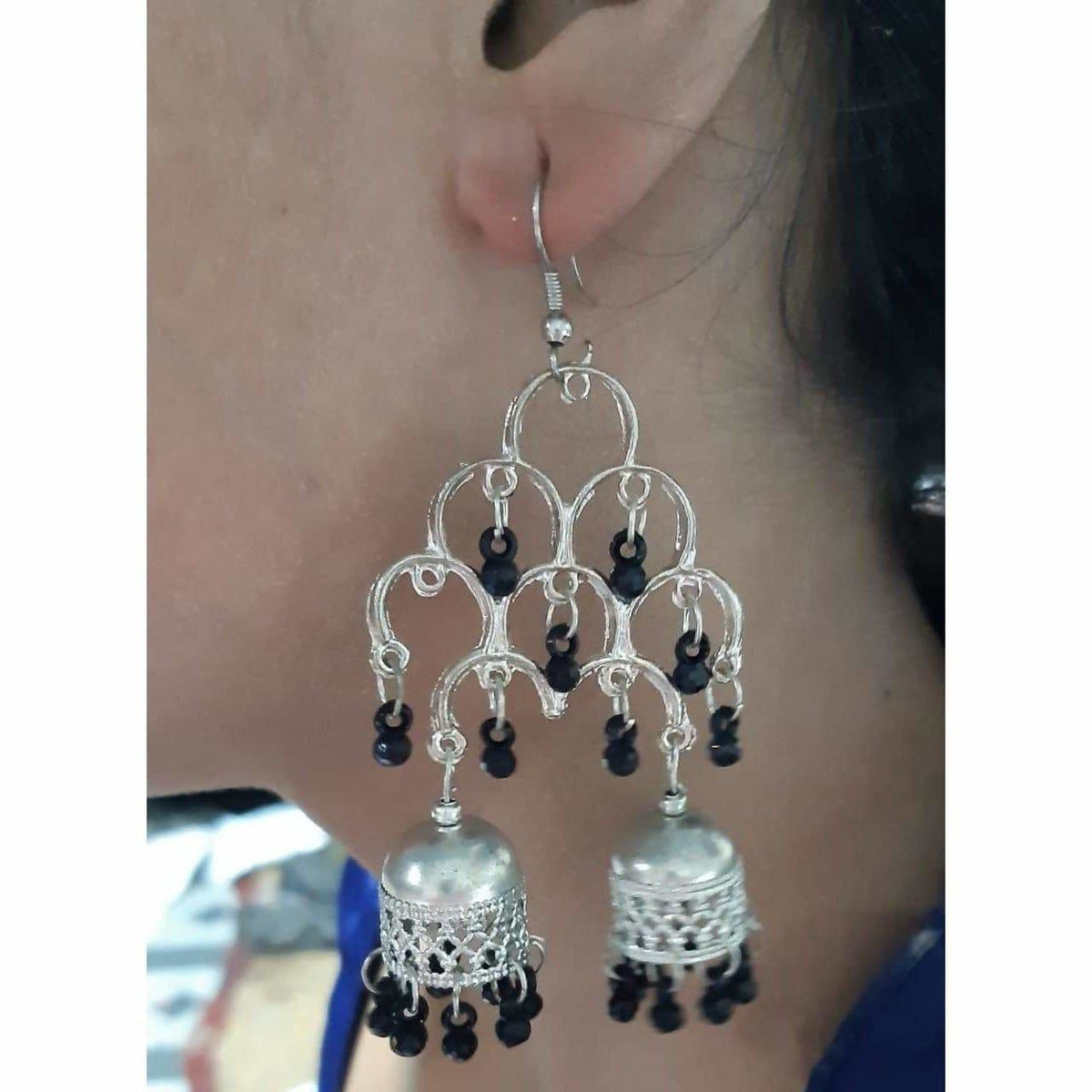 MS Fashion India Silver Oxidized Fashion Traditional Double Jhumka Long Black Pearls Earrings | Grocsy