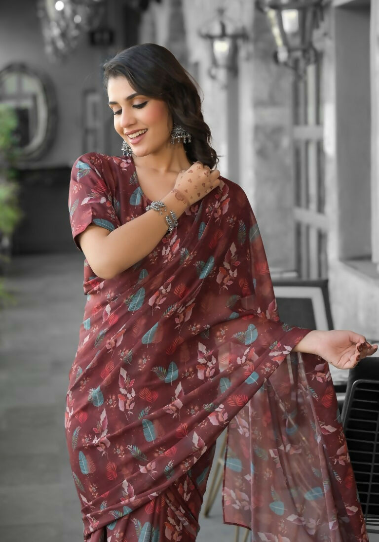 stylish Casual Brown Imported georgette Ready to Wear Fancy Saree - Ashwini | Grocsy