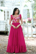 Jyoti Fashion Women's Rani Pink Sequins Thread Embroidery Faux Blooming Anarkali Dress | Grocsy