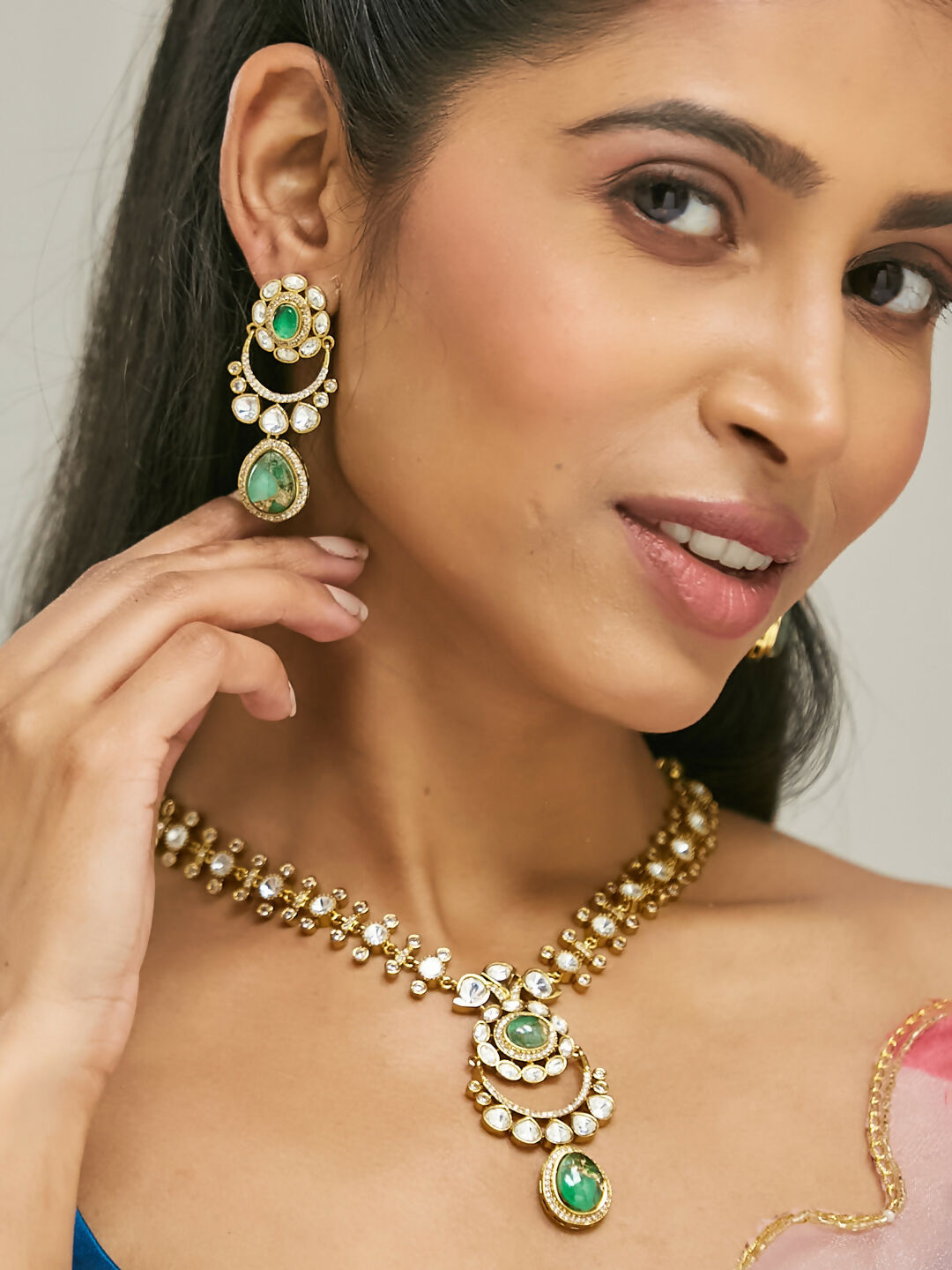 Nuyug 22K Gold-Plated Kundan Studded Faux Jasper Stone Necklace Set | Grocsy