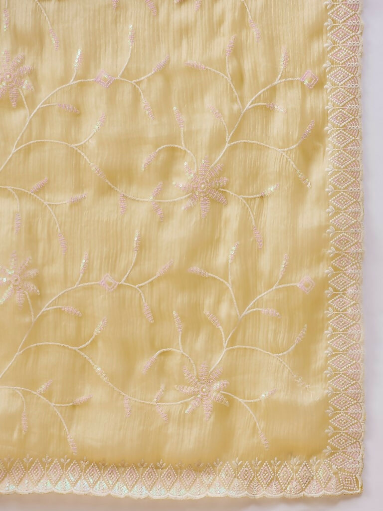 Yellow Tissue Slub Embroidered Saree with Unstitched Blouse - Vairagi | Grocsy