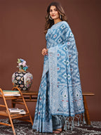 Shree Shyam Fashion Pankhuri Sky Blue Linen Cotton Saree | Grocsy