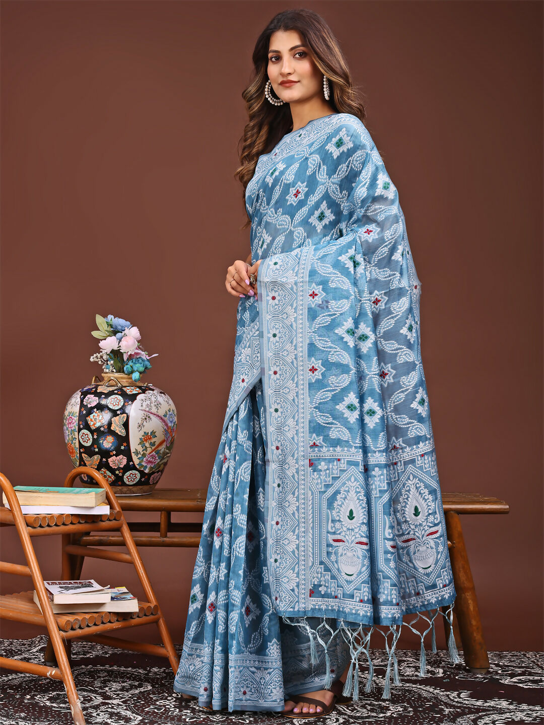 Shree Shyam Fashion Pankhuri Sky Blue Linen Cotton Saree | Grocsy