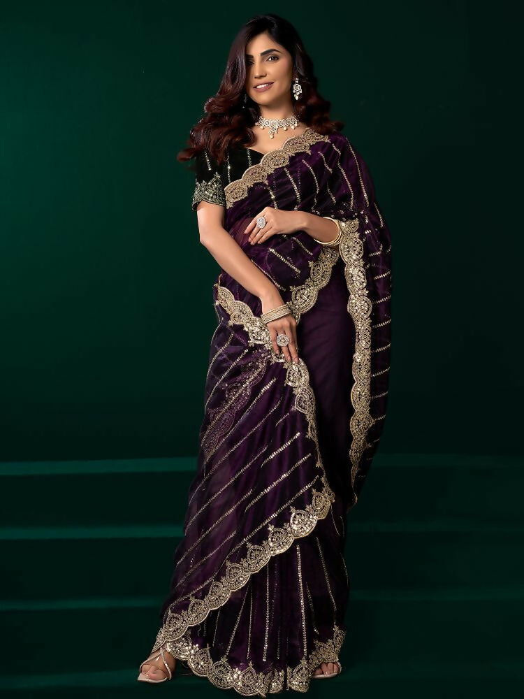 Joban Fashion Wine Net Party Wear Sarees | Grocsy