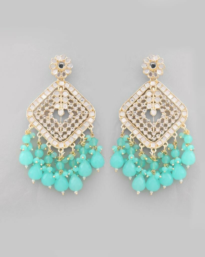 VOJ Gold-Polished Kundan And Teal Stone Studded Drop Earrings