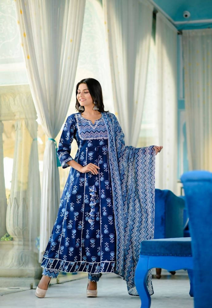 Yufta Women Blue Yoke Design Regular Pure Cotton Kurta with Trouser With Dupatta | Grocsy