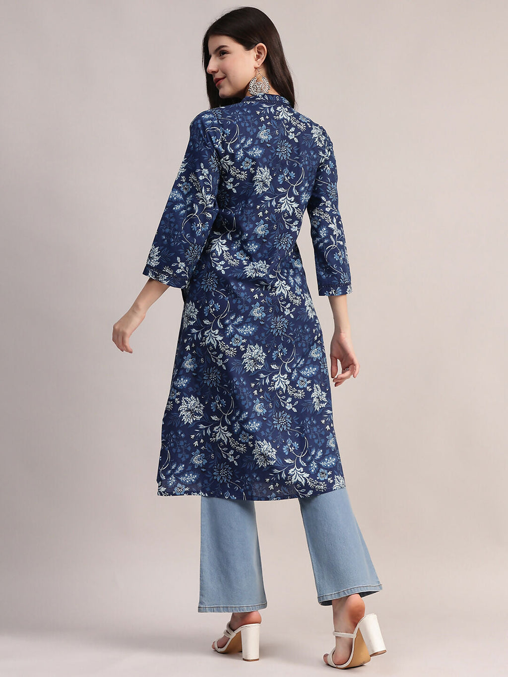 Aavyora Women's Navy Blue Floral Printed Cotton A-Line Kurta with Pintuck Detailing | Grocsy