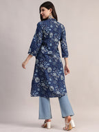 Aavyora Women's Navy Blue Floral Printed Cotton A-Line Kurta with Pintuck Detailing | Grocsy