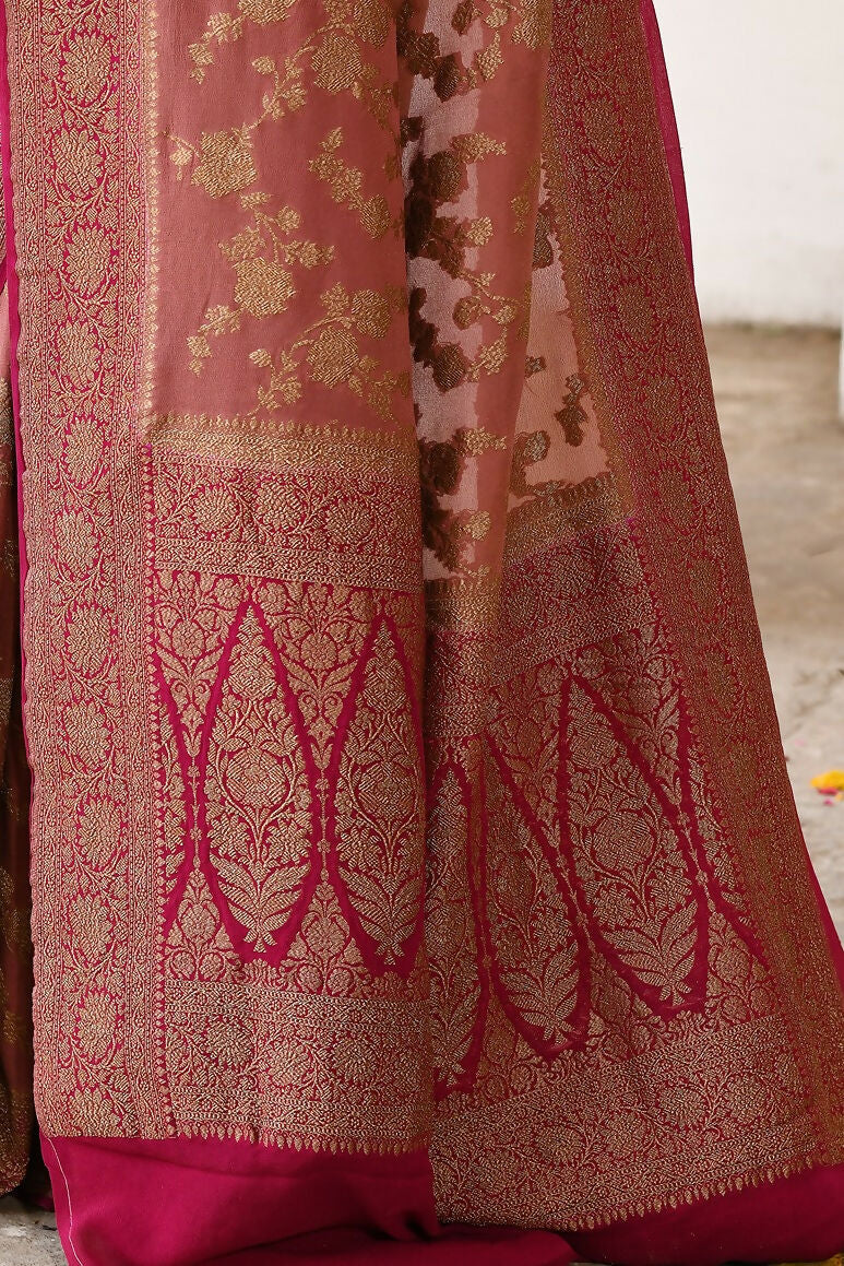 Joban Fashion Rouge Pink Crepe Chiffon Pure Handloom Banarasi Silk Saree | Grocsy