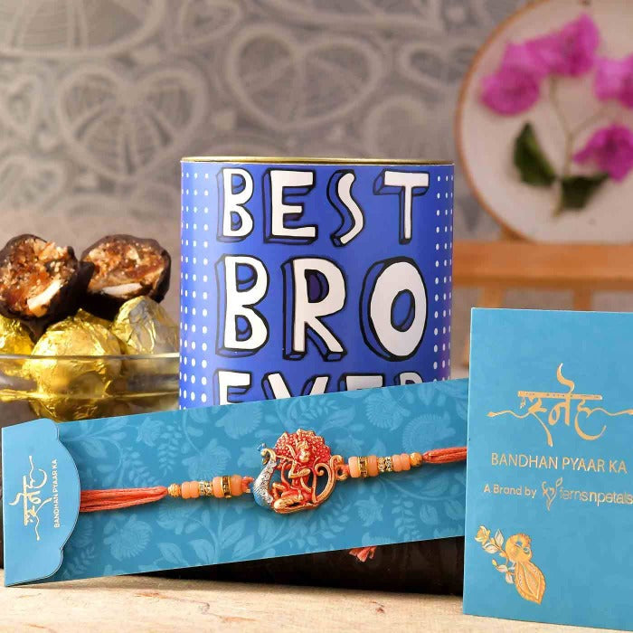 Krishna Raag Rakhi & Chocolate Dipped Khajoor Laddu Combo | Grocsy
