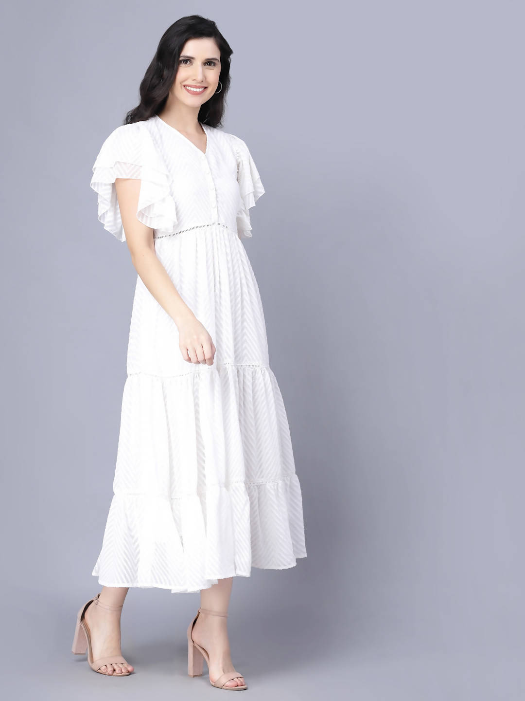 Myshka Georgette Solid Short Sleeve V Neck White Women Dress | Grocsy