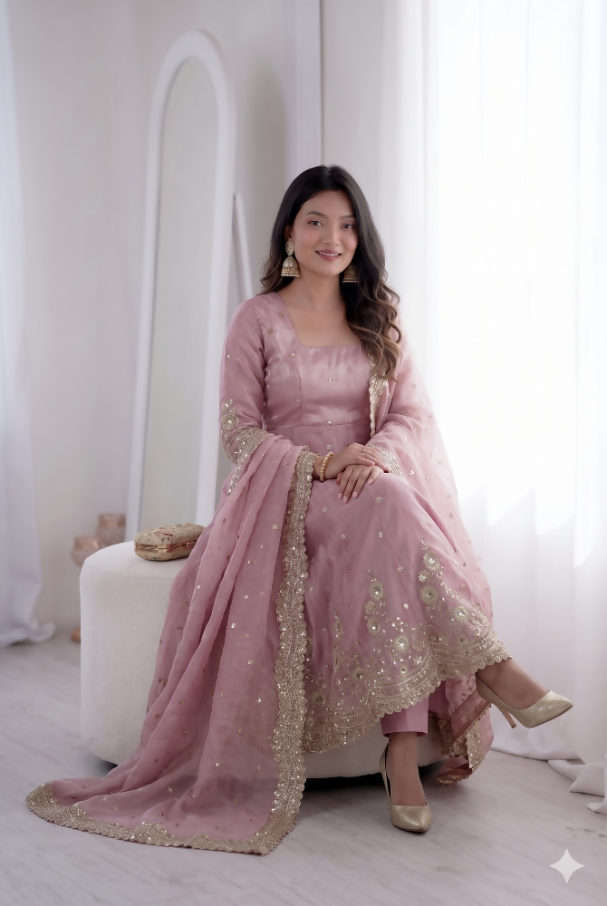 Teeya Creation Womens New Latest Trendy Elegant Baby Pink Embroidered Anarkali Suit Set with Scalloped Dupatta | Grocsy
