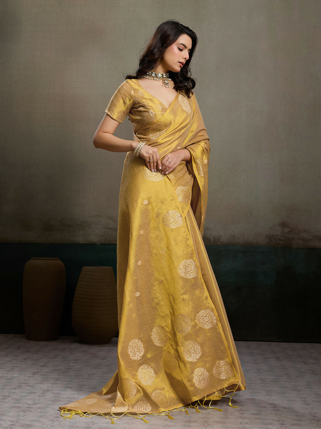 Shree Shyam Fashion Beige Tissue Silk Saree | Grocsy