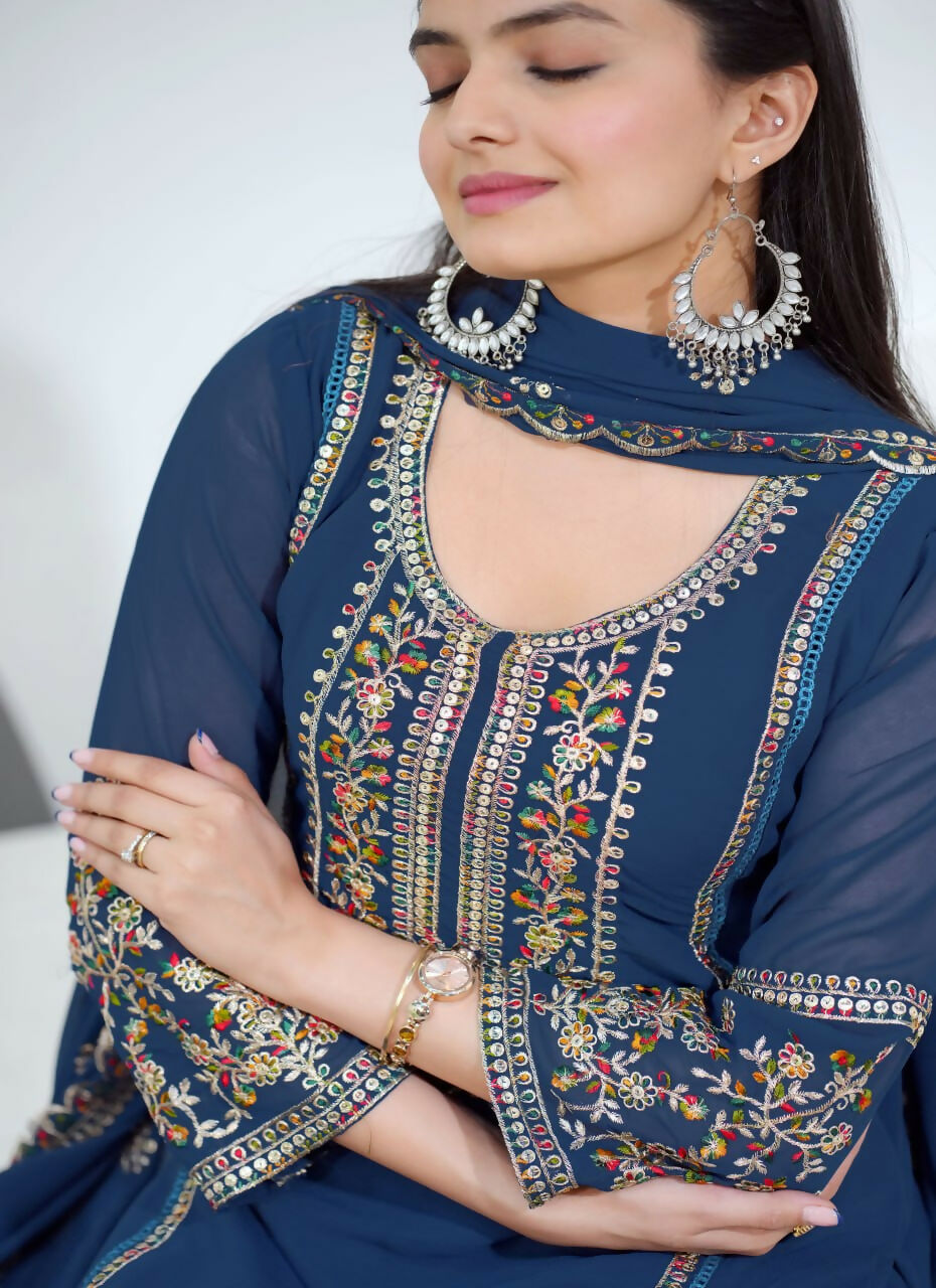 Joban Fashion Blue Georgette Embroidered Kurti Set | Grocsy