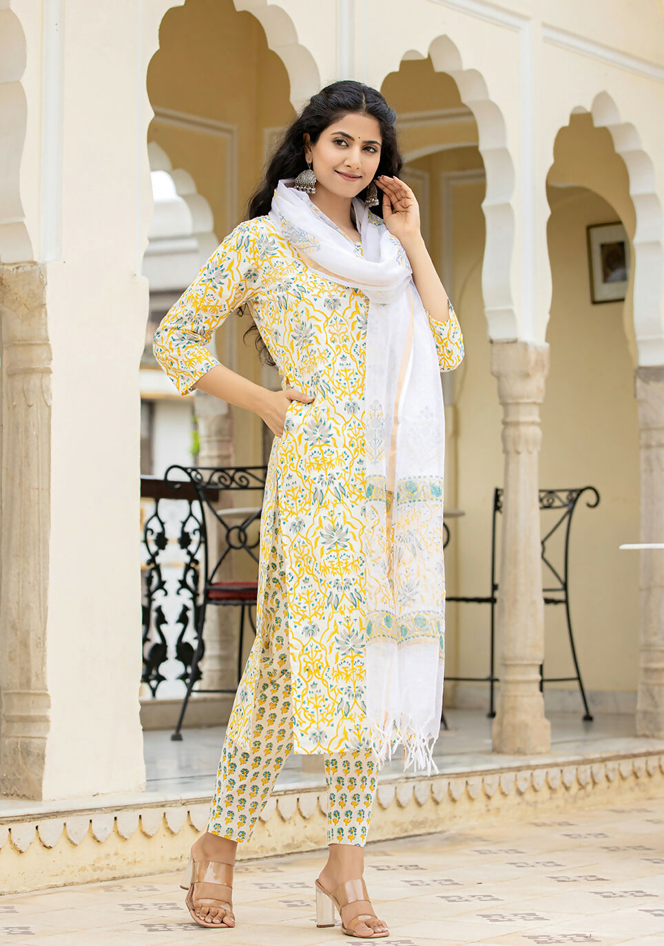 Kaajh Women's Yellow Hand Block Print Suit Set | Grocsy