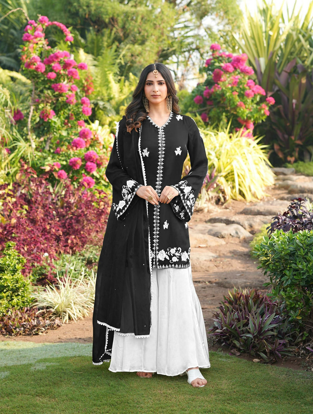 Nikhaar Black Embroidered Modal Silk Stitched Straight Cut Kurta Kalidar Palazzo Dupatta Readymade Suit | Grocsy