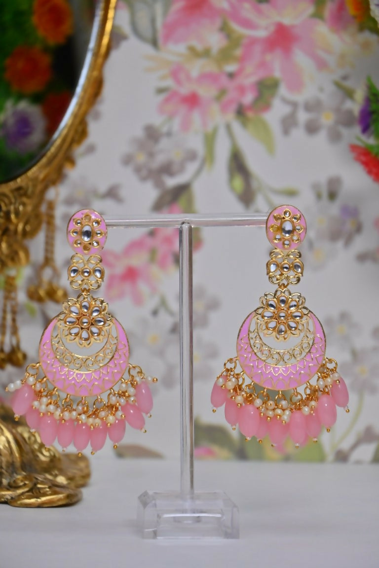 Pink Gold-Polished Beautifully Enamelled Stylish Kundan & Pearl Dangle Women Earrings|Meenakari Chandbali Traditional Ethnic Wear Earrings By House of Ree - Swadesiicart