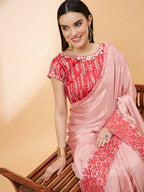 Light Pink Satin Georgette Laser Cut Floral Embroidery , Resham, Zari And Cord Embroidery Saree - Norita Hit Design | Grocsy