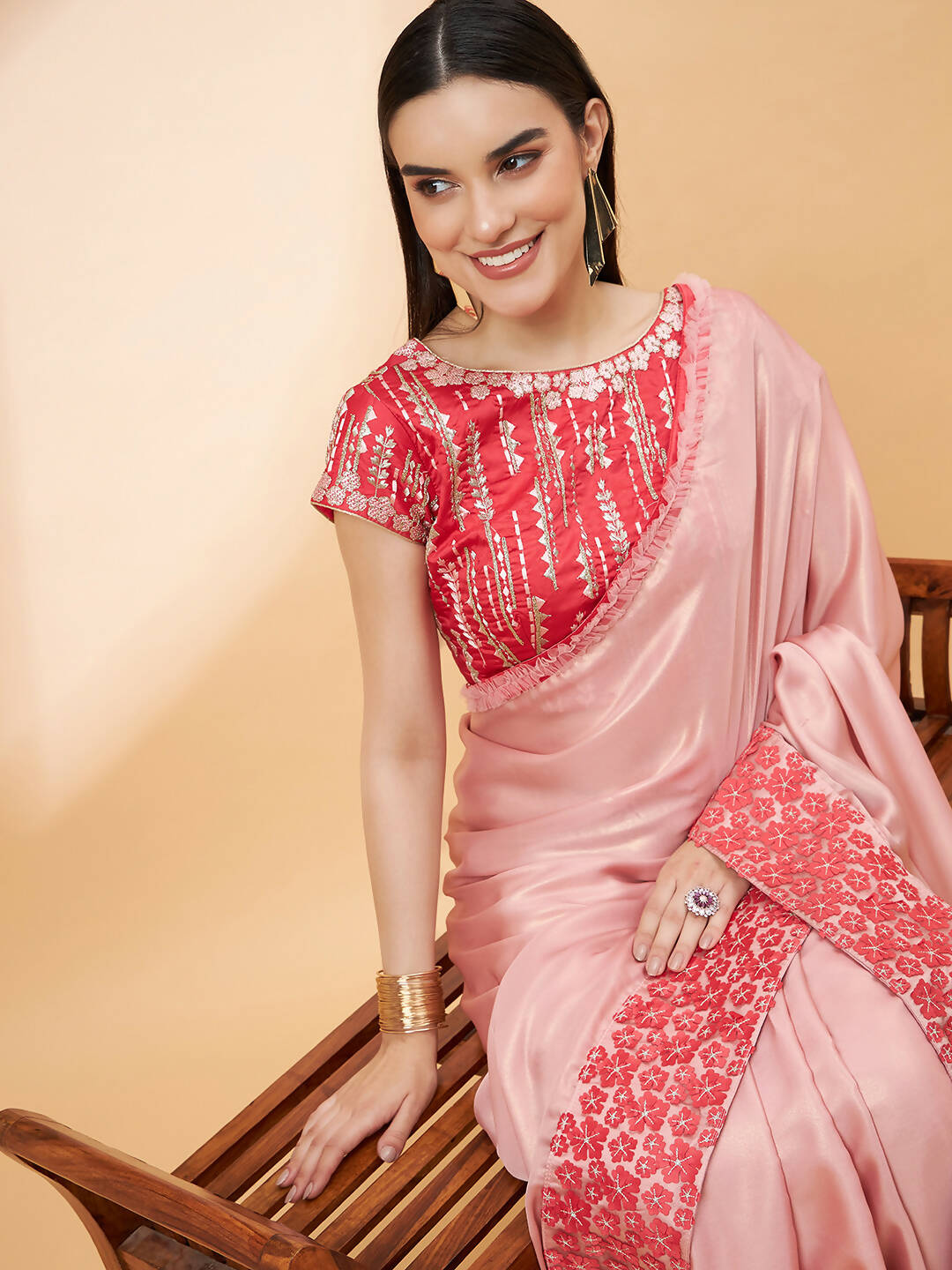 Light Pink Satin Georgette Laser Cut Floral Embroidery , Resham, Zari And Cord Embroidery Saree - Norita Hit Design | Grocsy