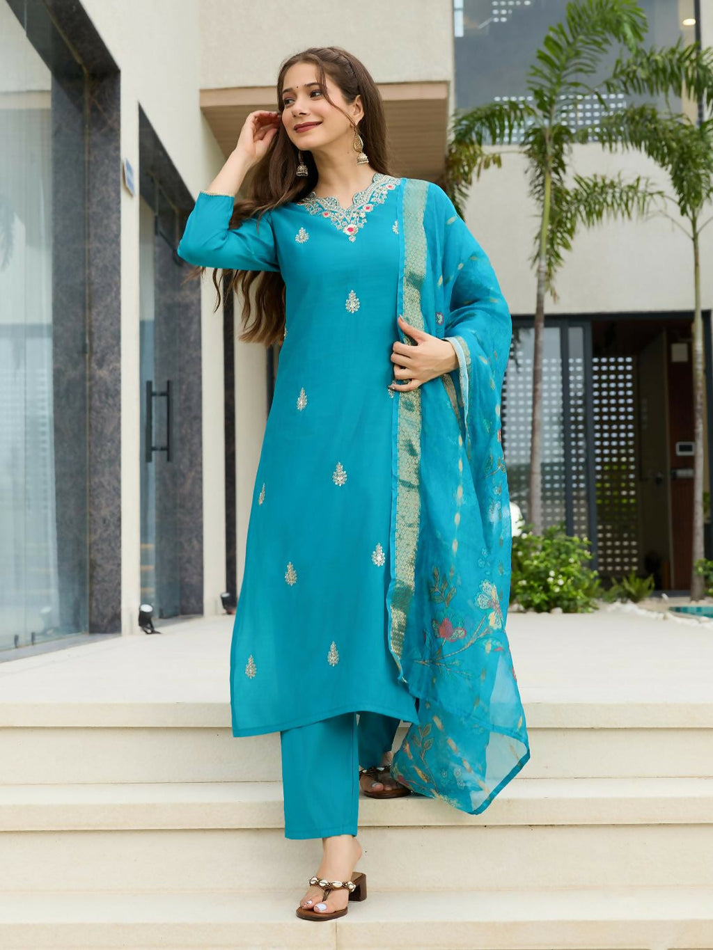 The52 Blue Women's Gorgeous Viscose Fabric Embroidered Work Straight Kurta, Pant and Dupatta Set | Grocsy