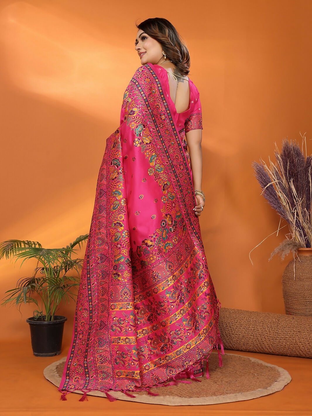 Joban Fashion Rani Pink Meena Weaves Pashmina Sarees | Grocsy