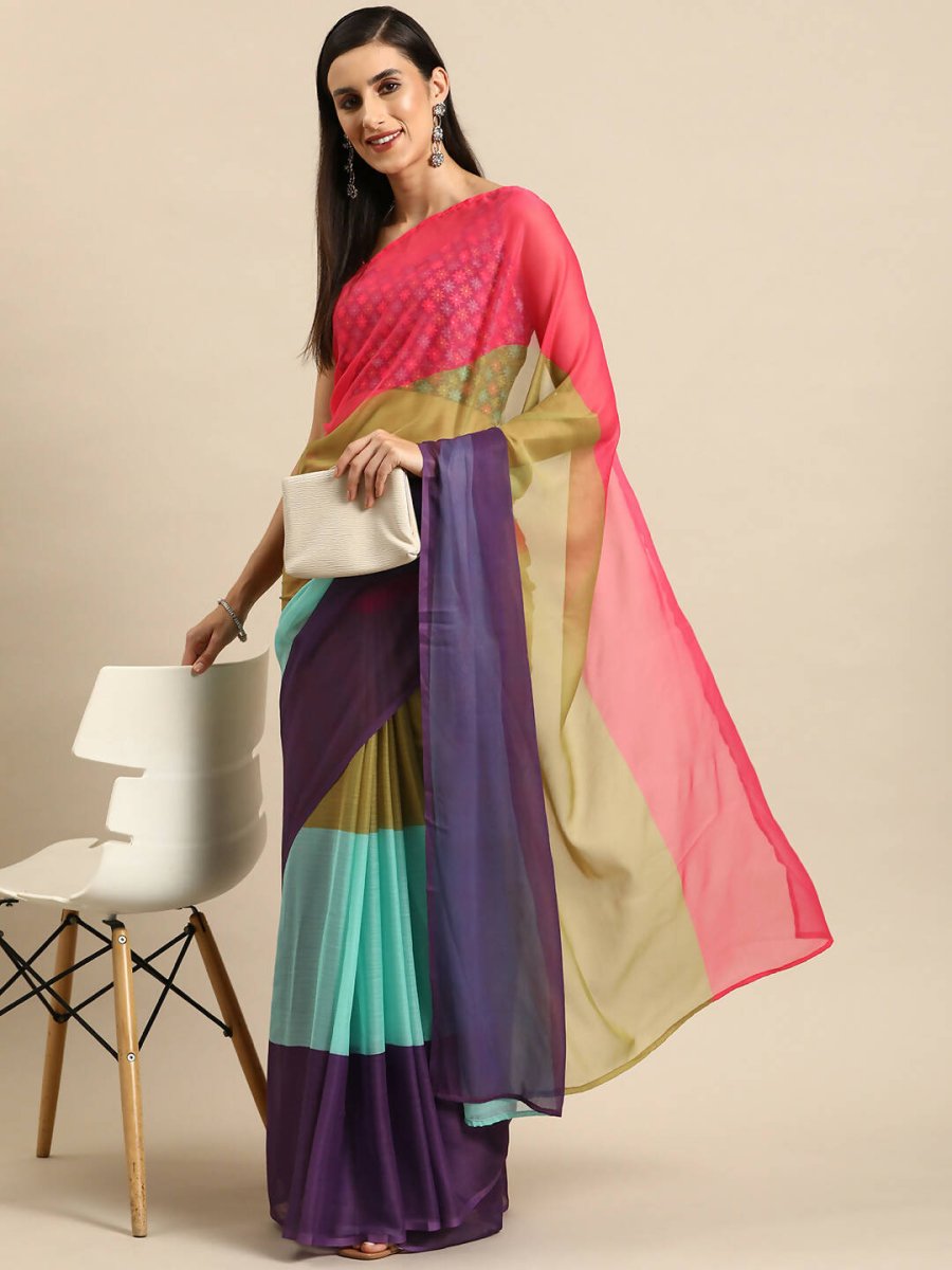 Ahalyaa Women's Traditional Semi Stitch Saree - Blue | Grocsy