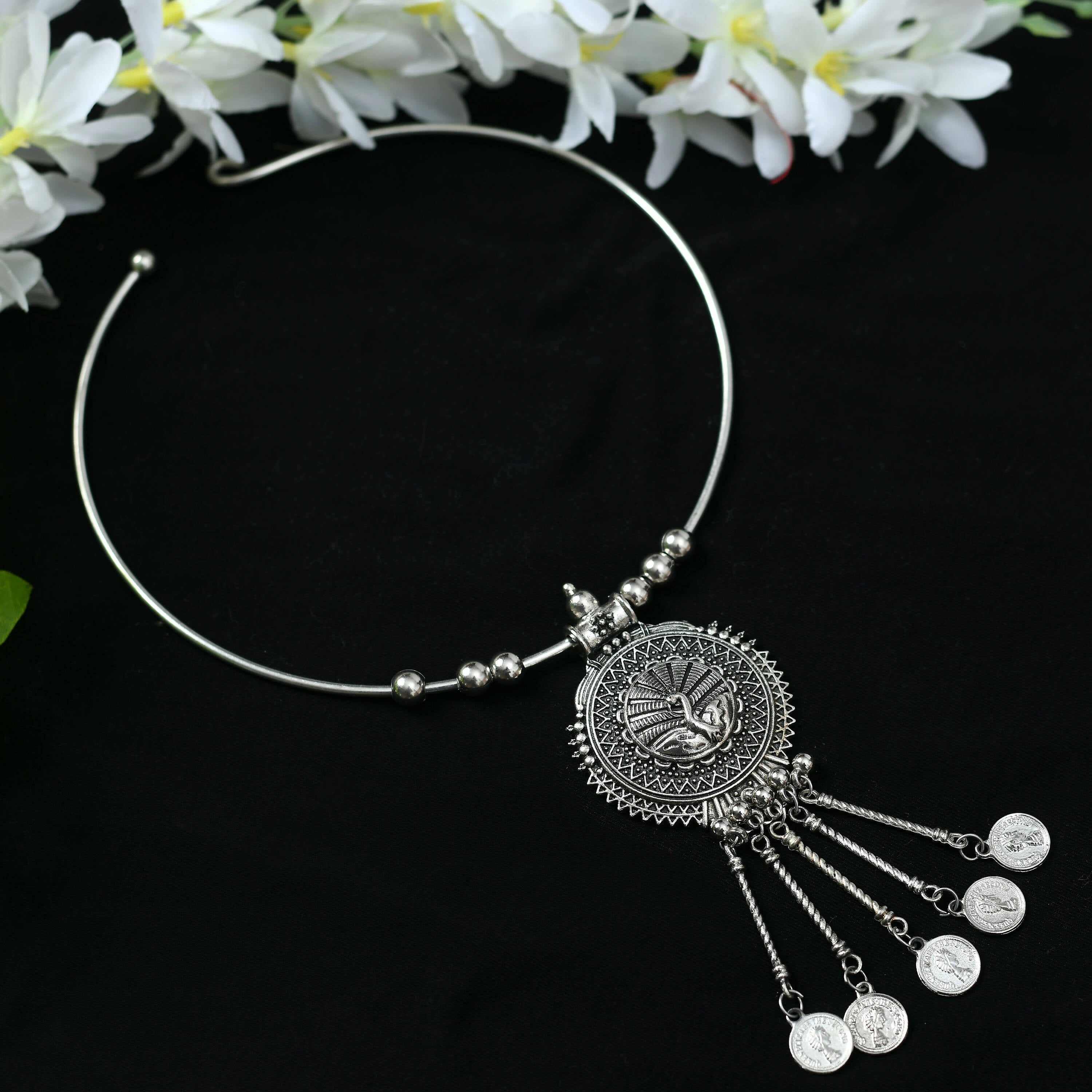 Mominos Fashion Johar Kamal Oxidised Silver-Plated Hasli Design Necklace Choker For Women | Grocsy