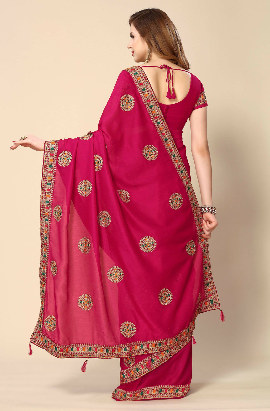 Pink Chinon Embroidered Saree with Unstitched Blouse Piece - Roozal | Grocsy