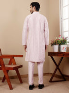 Light Pink Silk Designer Embroidery Work Men's Rajwadi Kurta Set - Mahotsav | Grocsy