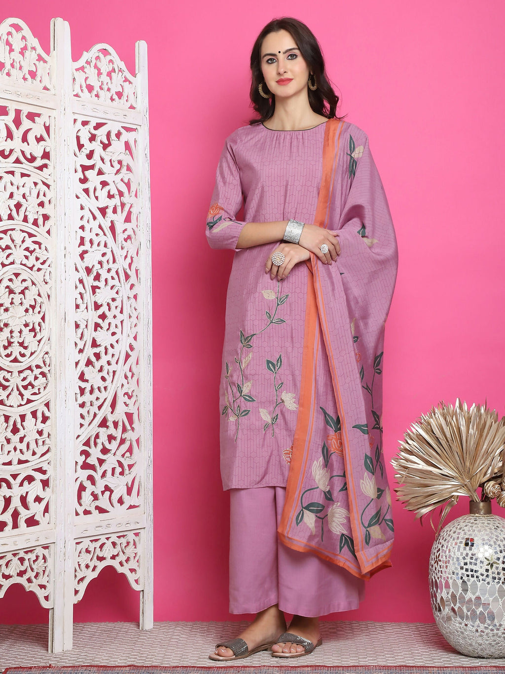 Jyoti Fashion Women's Purple Muslin Floral Print with Jari & Crystal work Kurta with Trouser & Dupatta | Grocsy