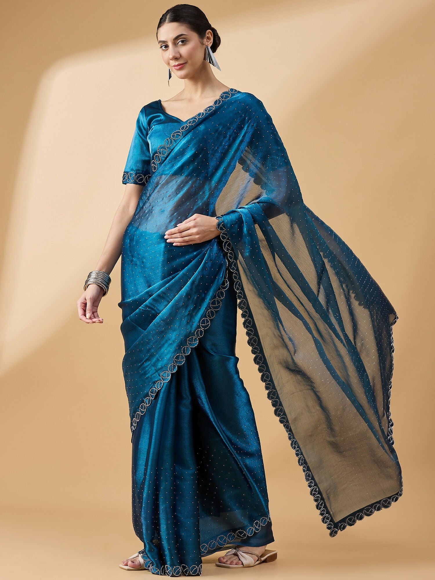 Teal Organza Swaroski Diamond Work Saree with Unstitched Blouse - Radha | Grocsy