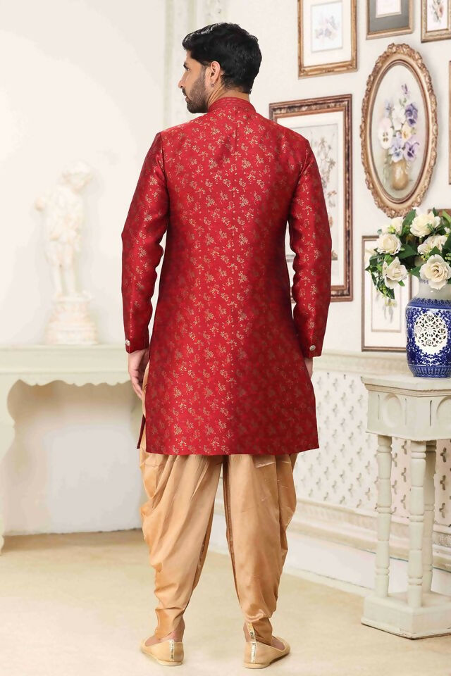 Raivat Ethnic Banarasi Jacquard Embroidery Semi Indo Western Sherwani In Maroon Colour | Grocsy