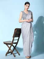 Grey Imported Crush Lycra Texture Pattern Ready to Wear Saree with stitched Blouse - Nirvana | Grocsy