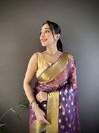 Joban Fashion Purple Polka-Dot Zari Woven Organza Silk Banarasi Silk Saree | Grocsy