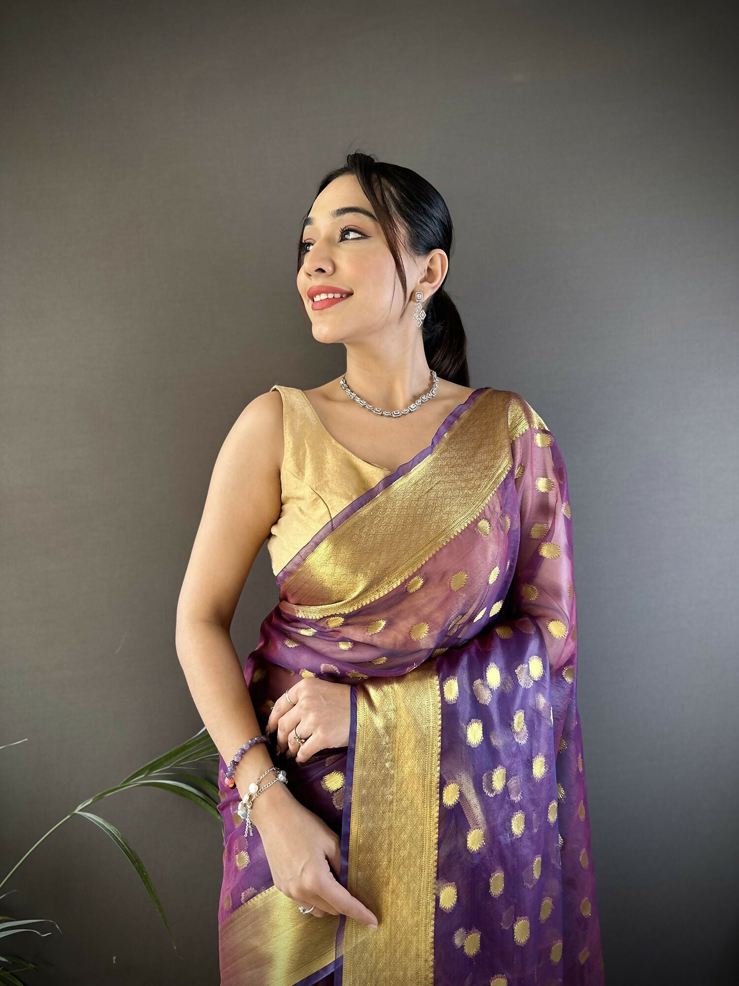 Joban Fashion Purple Polka-Dot Zari Woven Organza Silk Banarasi Silk Saree | Grocsy