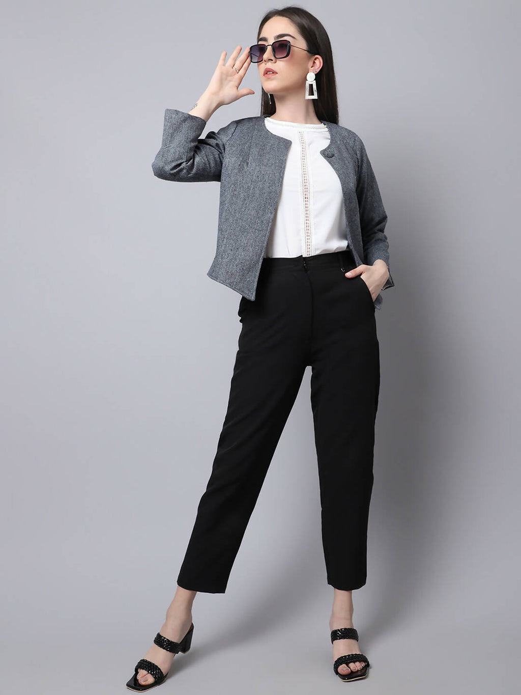 Even Apparels Grey Pure Wool Open Front Statement Jacket | Grocsy